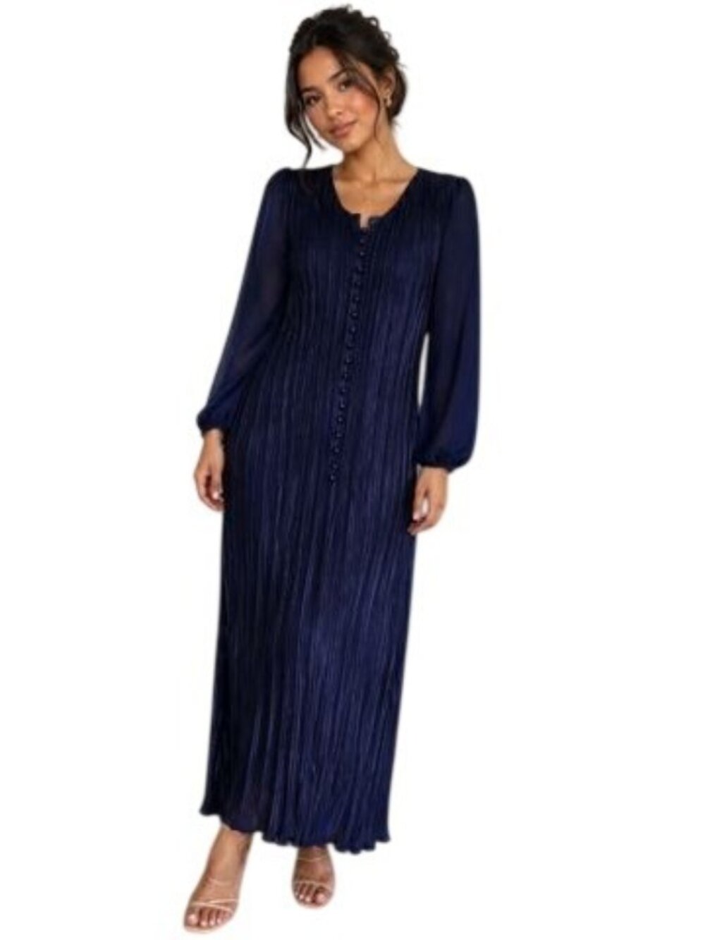 Jie Jie Fashion Pleated Navy Blue Maxi Dress Button Front Sheer Sleeves Size L